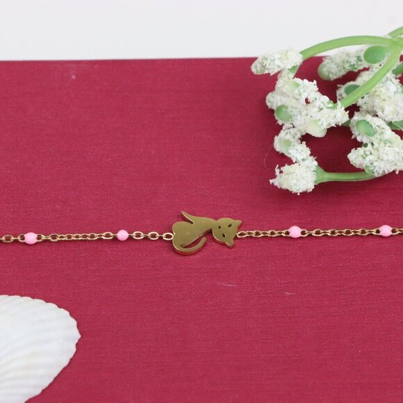 Elegant Yellow Bracelet with Cute Cat Charm and Pink Bead Details, XPBL0656 - Picture 11 of 12